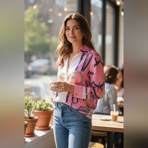 Pink and White Button-Up Blouse with Chain Print